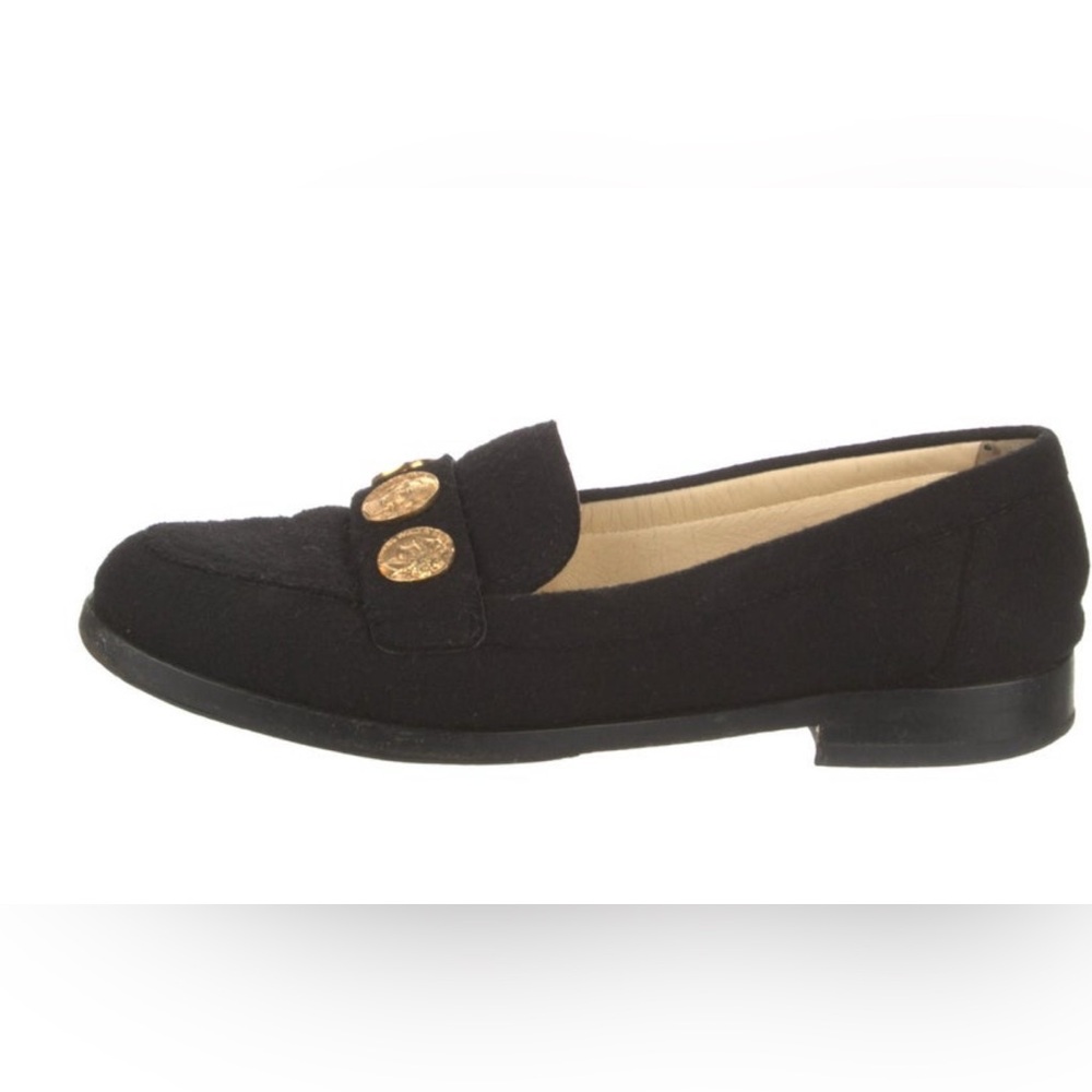 Chanel Black wool tweed with Gold coins Coco Chanel symbols moccasins flats 38.5 - Picture 4 of 5